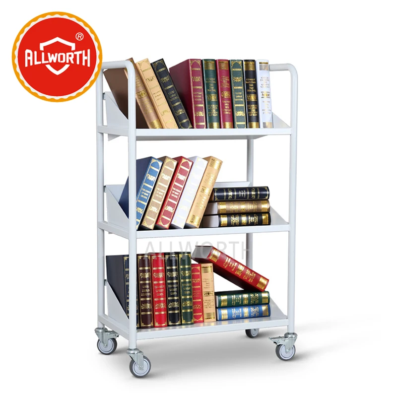 Heavy Duty Single Sided 3tiers Vshaped Shelves Metal Library Book Trolley / Office Moving