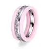 Stainless Steel Ceramic Rings Zircon Flower Pink Ring For Wedding Bridal Women Jewelry
