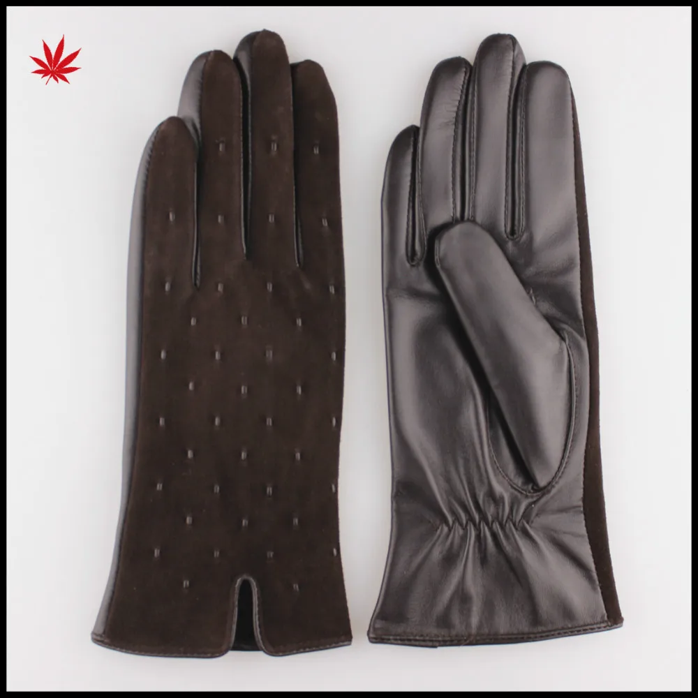 Women 's Brown suede leather gloves with Dot design