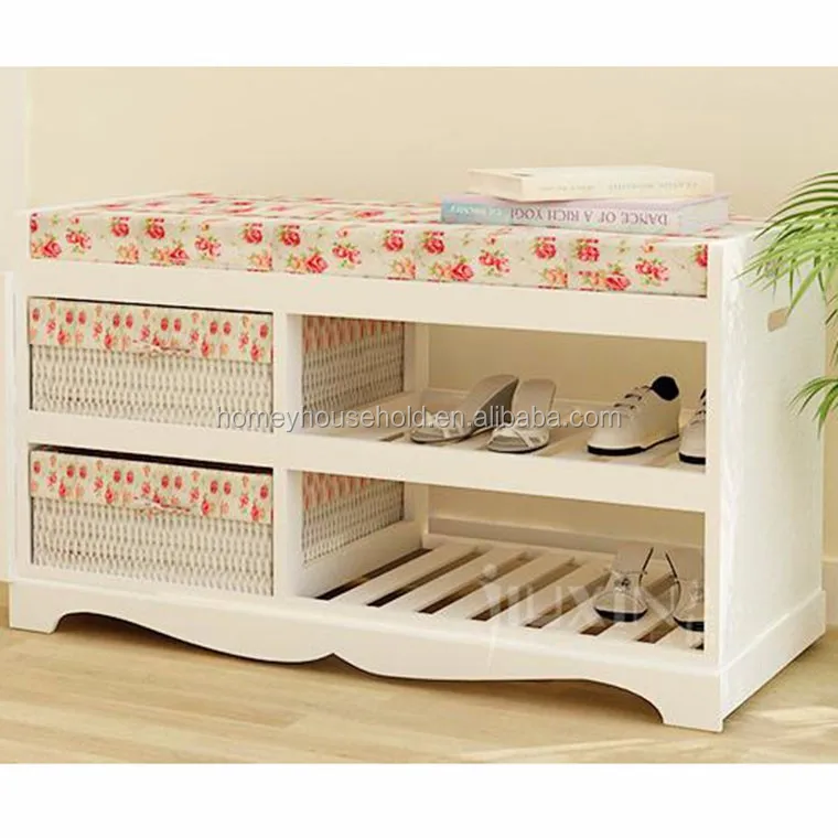 Wooden Shoe Rack Upholstered Bench With Storage Unit Wicker Basket