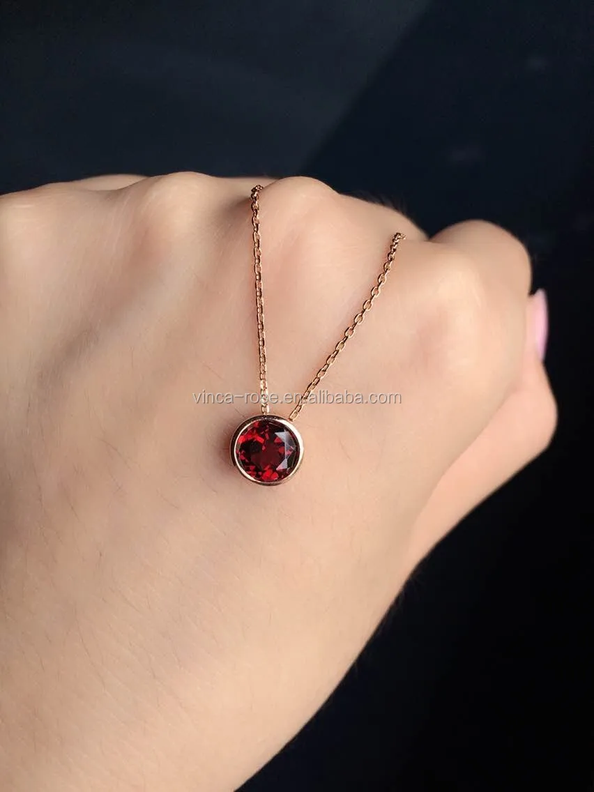Garnet Necklace 18k Pink Gold Plated Simple Design 925 Silver Jewelry