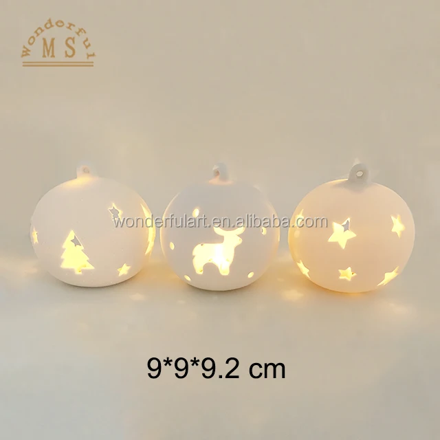 Decorative ceramic christmas tree ornament hanging ball white ceramic Christmas ornaments round christmas ball with Led Light