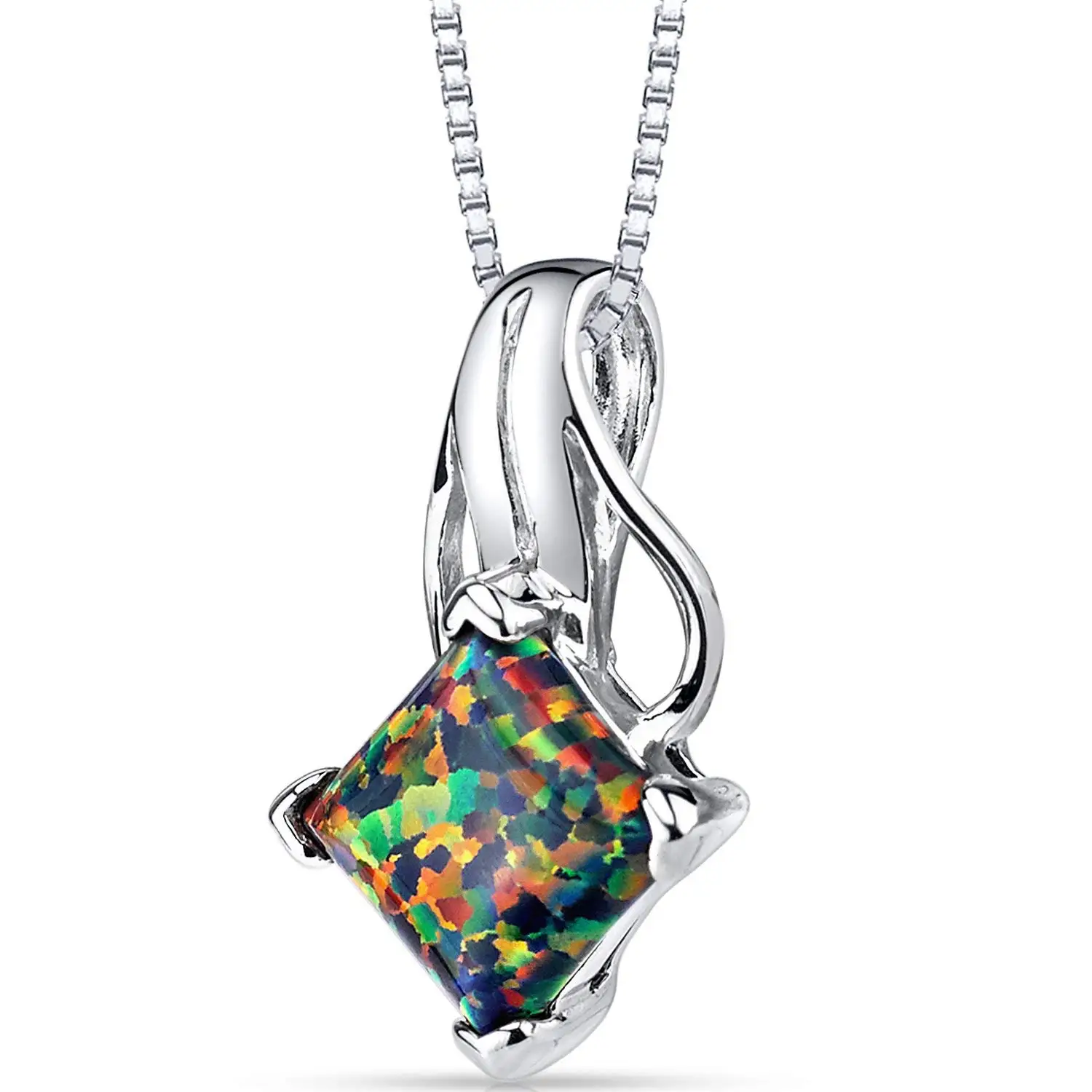 Created Black Opal Princess Cut Pendant Necklace Sterling Silver 1.50 Carats