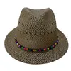 brown color woven paper fedora hat shell band