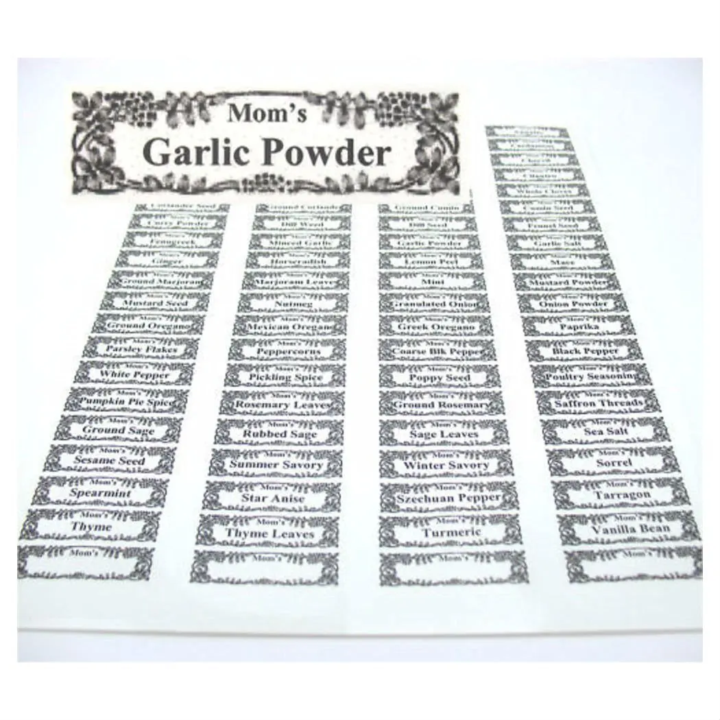 "Mom's" 80 SPICE JAR LABELS Hi-Qual. Clear Waterproof Washable