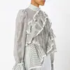 women Ruffled Sheer Mesh Blouse New Design Chiffon Striped blouse Tops Women Elegant Asymmetry Top Brand Shirts