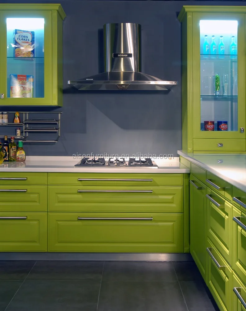 Groene kleur commerciële keuken meubels lak modulaire keukenkast ...