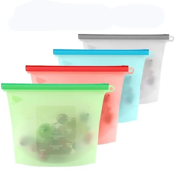 uso en lavavajillas 8 PCS blanco Bolsas de almacenamiento de alimentos reutilizables bolsa de silicona grande a prueba de fugas y bolsas a prueba de congelador de 1 litro microondas y congelador