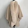 Elegant beige cape women winter jacket boutique handmade 10% cashmere fur coat wool poncho with fox fur collar leather belt