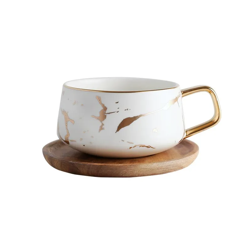 Royal decor gold rim fine quality tea coffee cup with wood saucer for hotel