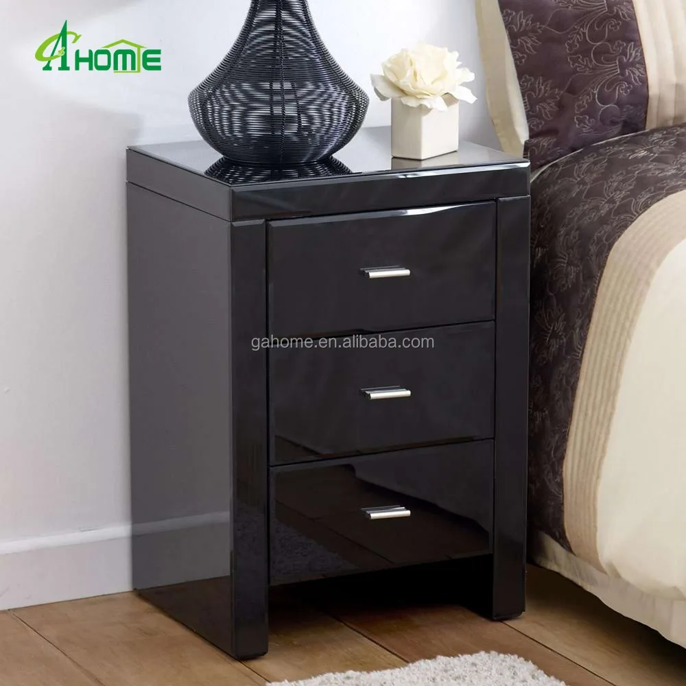 Venetian Modern Black Mirrored 3 Drawer Bedside Table Buy