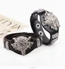 Punk bracelet silver tone wolf head totem rivet wide leather man bangle