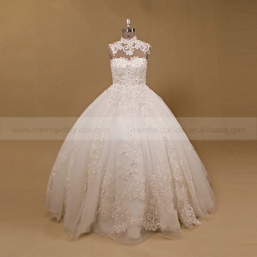 Brilliant Beaded Rhinestones Lace Customize Puff Ball Wedding Gown