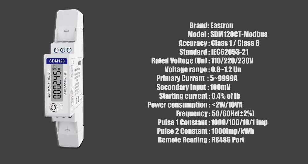SDM120CT-Modbus 1 Phase Smart RS485 Modbus CT Connected Pulse Outputs Energy Meter LCD Display