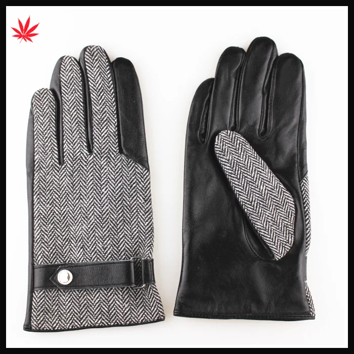men's cloth and sheep skin half finger touch leather gloves with belt buckle