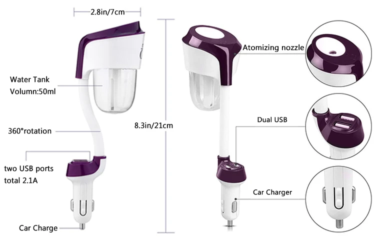 2019 Cool Mist USB Mini Aroma Ultrasonic Air Car humidifier With Dual USB Charger