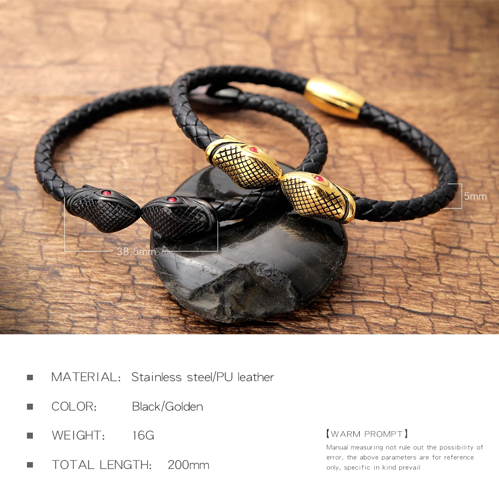 Custom Wholesale Mens Jewelry Braided Leather Stainless Steel Black Double Snake Bangle