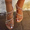 Bohemian Pearl Tassels Women Shoes Clip Toe Beach Flat Sandals Fashion Handmade Summer Rhinestone Chic Sandals Flip-flops