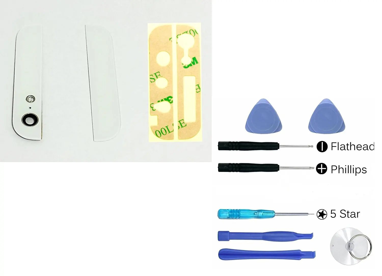 (md0410) Iphone 5 5G White Back Top (up) & Bottom (down) Glass Rear Housing Set Camera Chrome Ring Flash Lens Adhesive Tape Replacement Part + Repair Tools Kit