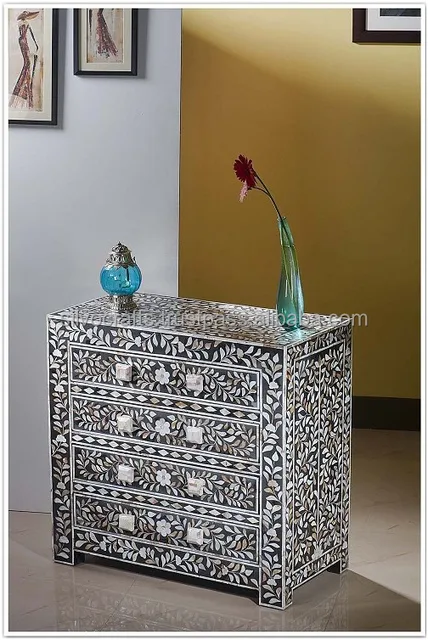 Indian Moroccan Style E Mother Of Pearl Inlay Chest Of Drawer