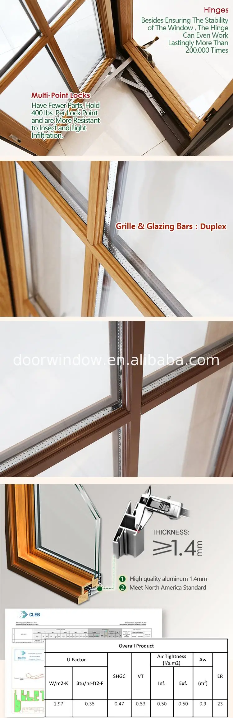 Top quality wood aluminium triple glazed crank window with grills design