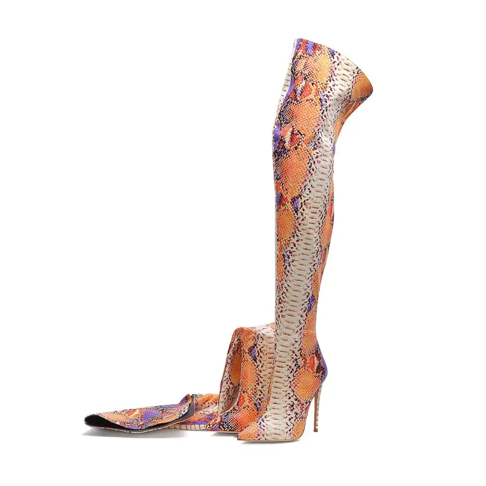 snake print thigh high boots