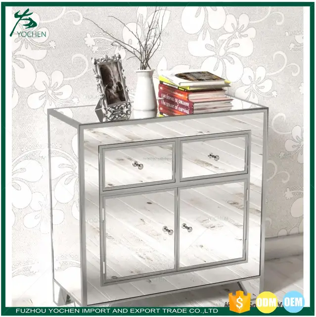 Small Mirrored Glass Sideboard 2 Drawers Storage Cupboard Buffet