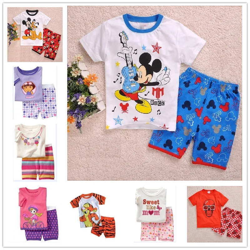 2016 summer new cotton girls short sleeve sets kids pajamas pijama infantil for boys children s