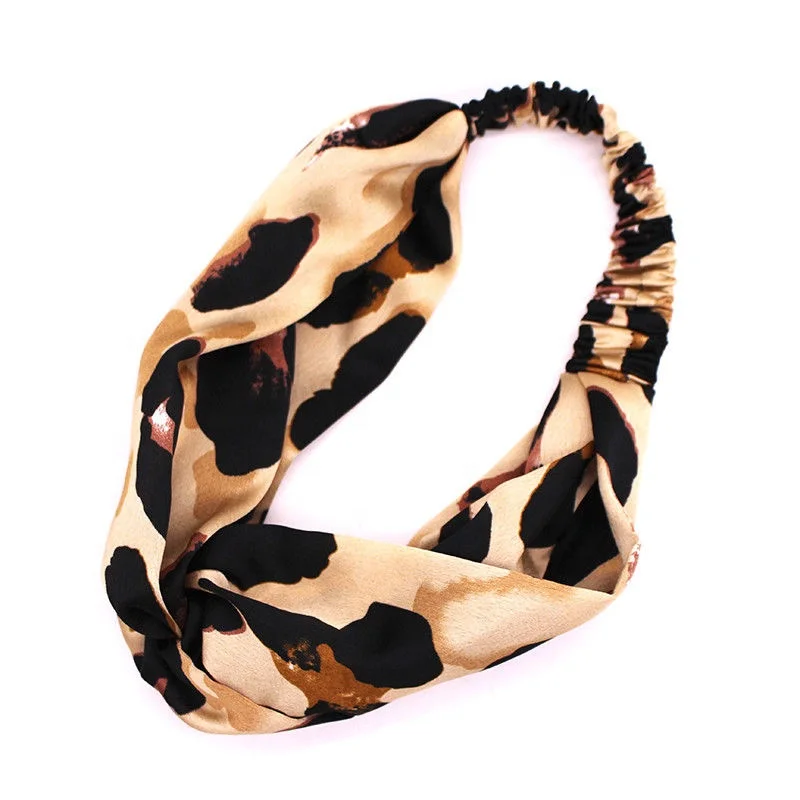 Women Turban Satin Silk Knotted Twist Leopard Printed Hair Band Wrap