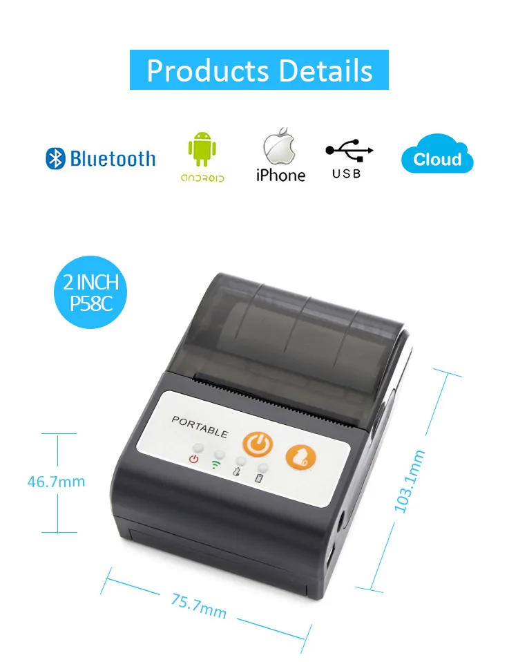 58mm handheld mobile bluetooth thermal pocket printer