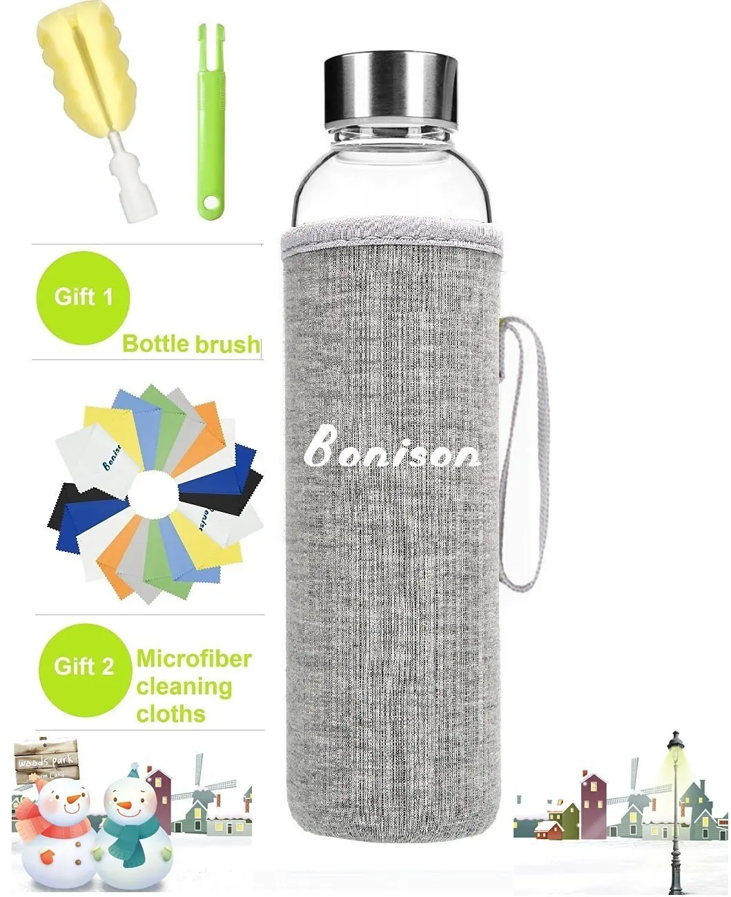 Newest 18 Oz Glass Bottle Top Level Quality Environmental Borosilicate Glass Water Bottle with Colorful Nylon Sleeve,BPA Free,Crysital Clear,Trendy Design BONISON 550-BLUE