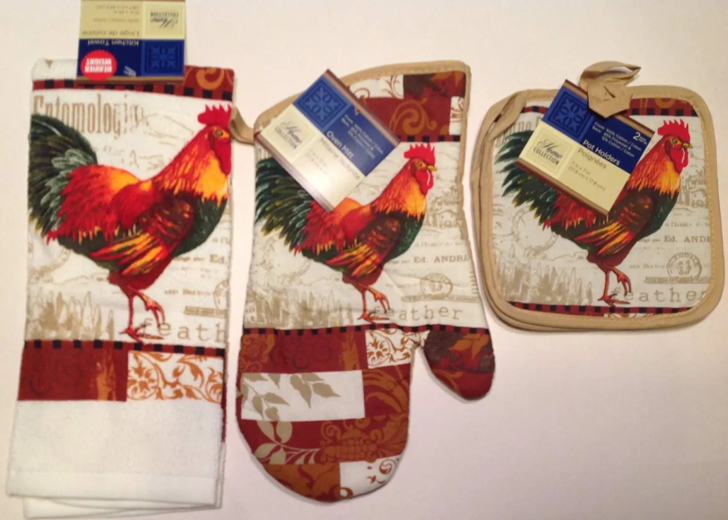 Rooster Kitchen Linen Set 4 Pc Oven Mitt Towel 2 Pot Holders New