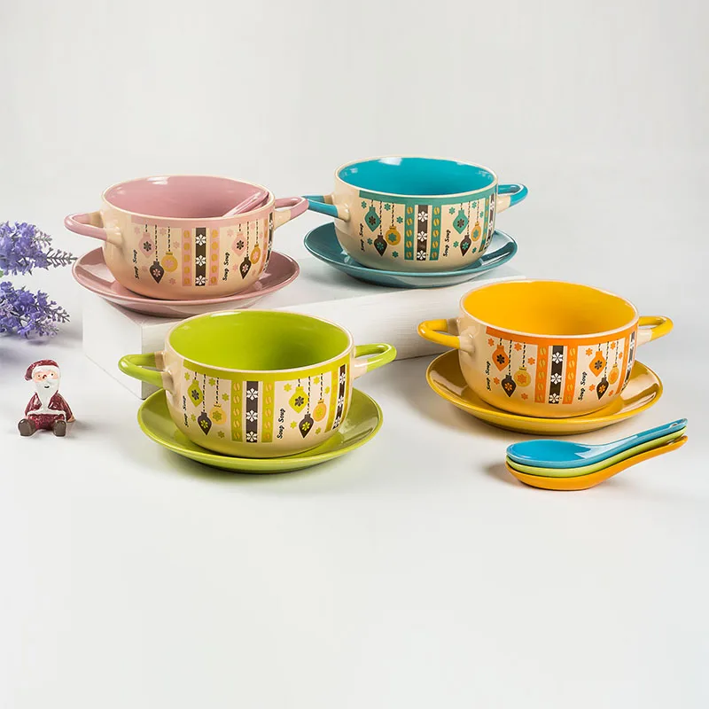 New Style 5.5" Ceramic Soup Bowl 2 Handle With Spoon And Saucer Buy
