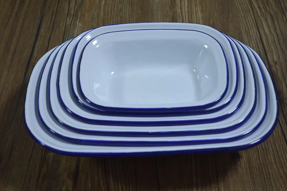 16cm Square Porcelain Enamel Pie Dish Baking Plate With Rolled Rim