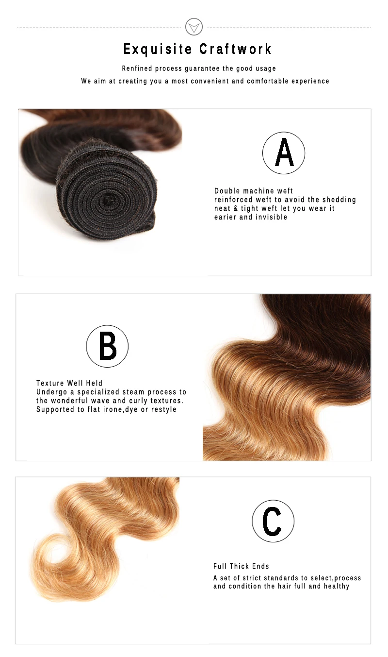 Full Cuticle Aligned Virgin Brazilian Ombre Human Hair 3 Tone