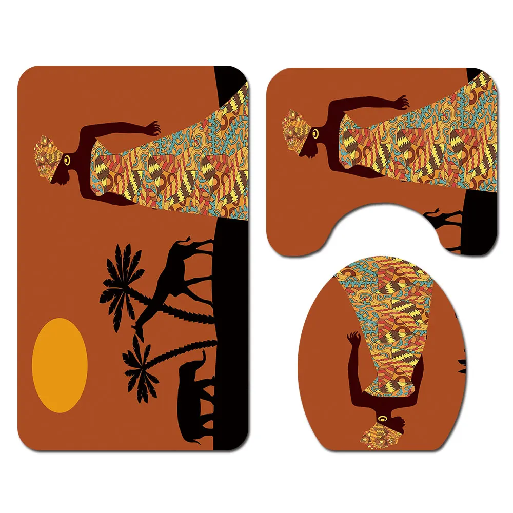 African Women Printing Toilet Pad Cover Bath Mat Shower Curtain Set Four-Piece Set