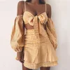 ZH3403G Sexy Yellow Girls Summer Two Sets Spaghetti Straps Long Sleeves Short Tops High Waist Skirts Sets