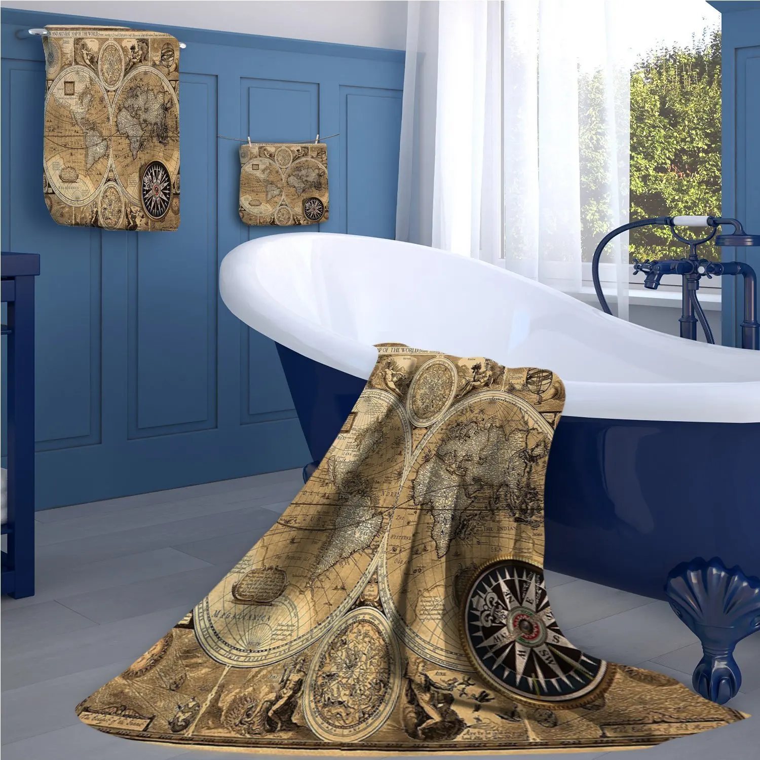 familytaste Wanderlust Extra wide bathroom accessories Old Map 1626 A New and Accvrat Map of World Historical Manuscript luxury hand towels set Brown Black Pale Brown