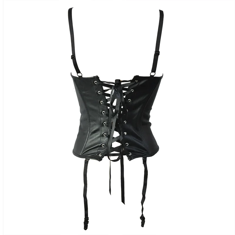 Corzzet Sexy Black Leather Strap Overbust Boned Corset Set Bustier Top