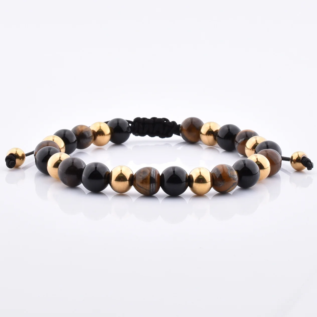 Luxury Women Man Vintage Black Onyx Tiger Eye Gold Bead Adjustable Bracelet