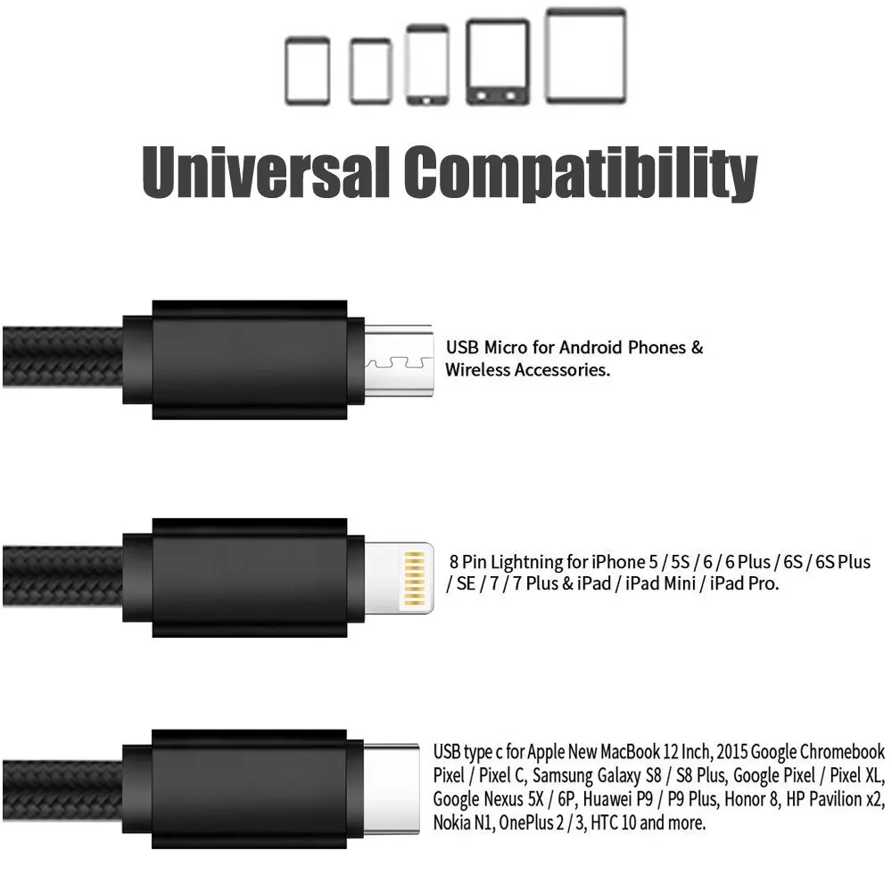 3 in 1 magnetic charging usb cable 3in1 nylon cell phone wiring cables