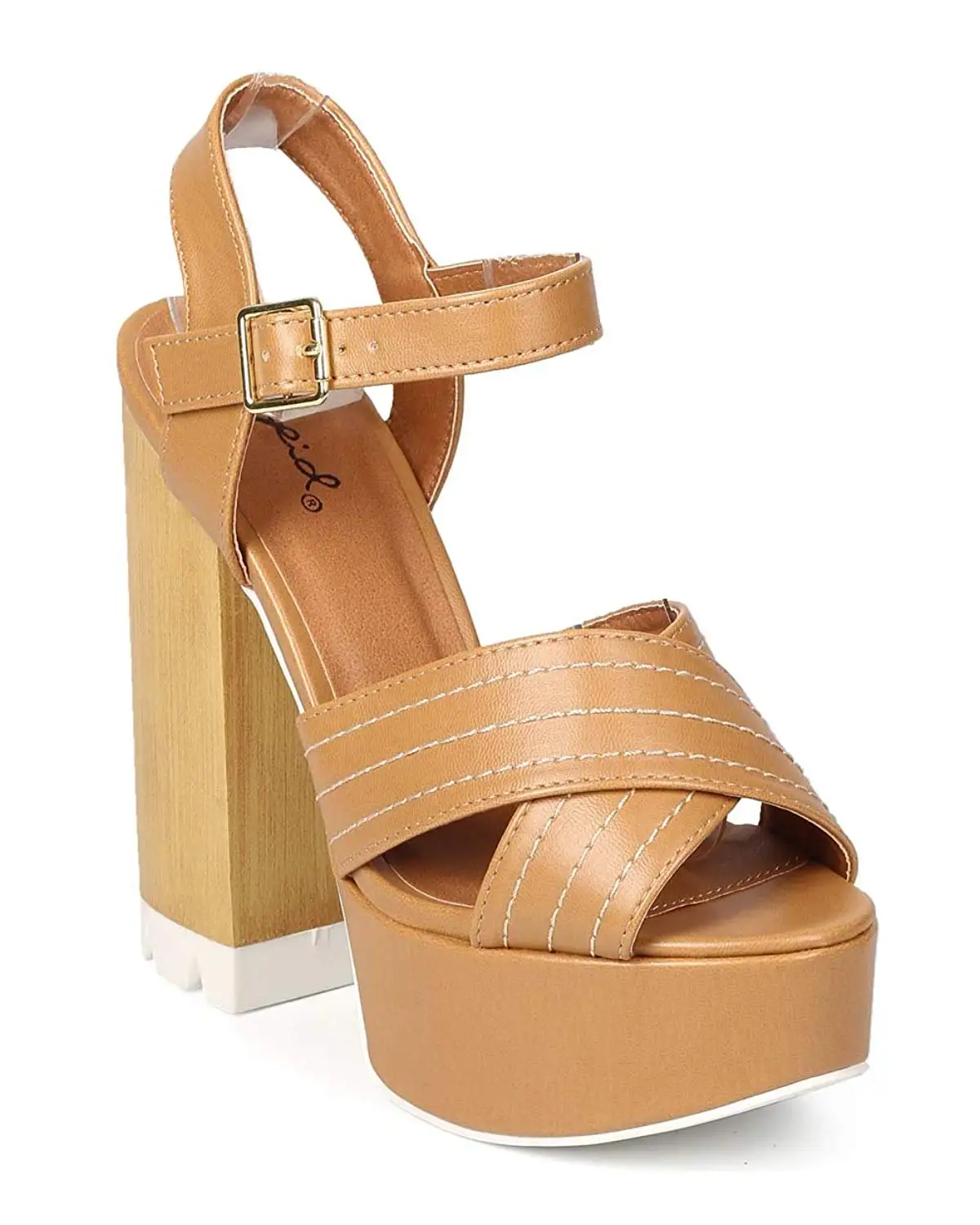 criss cross strappy open toe chunky heel tan