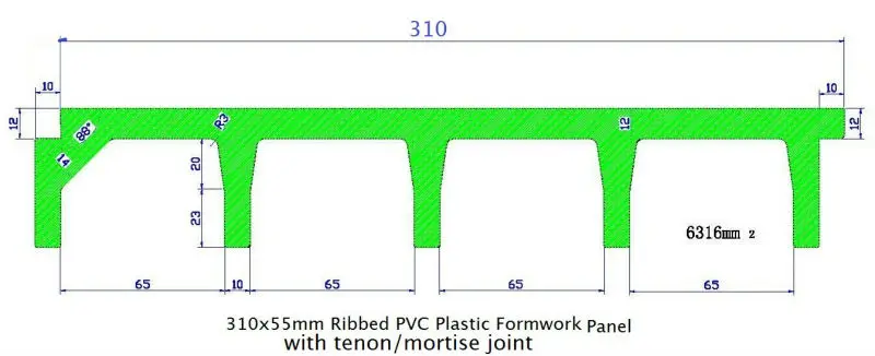310x55mm ribbed PVC plastic formwork panel