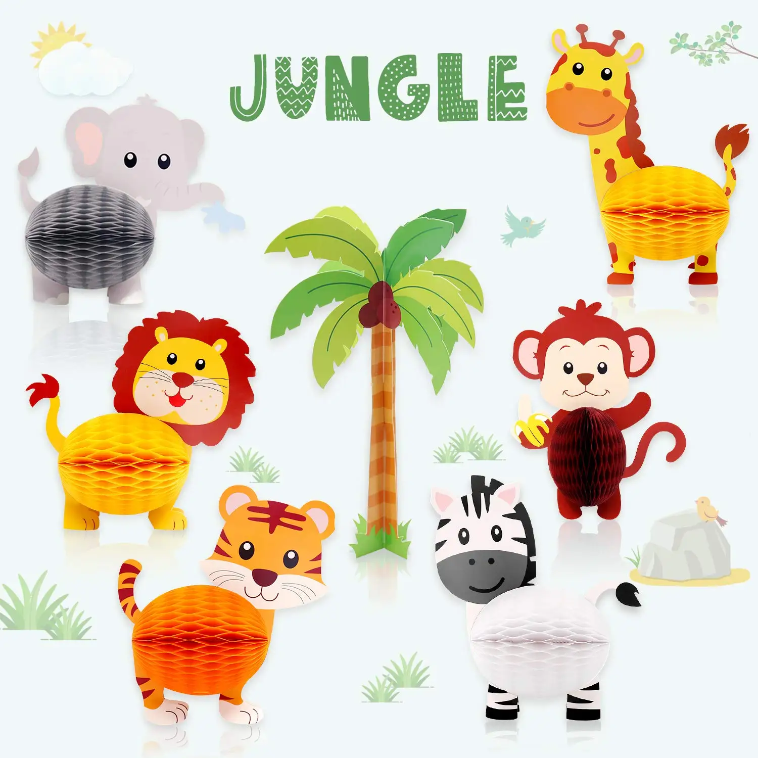 Monkey Home 15pcs Woodland and Jungle Safari Animals Honeycomb Centerpieces 3D Table Decorations for Kids Baby Shower Birthday Party Decorations Supplies