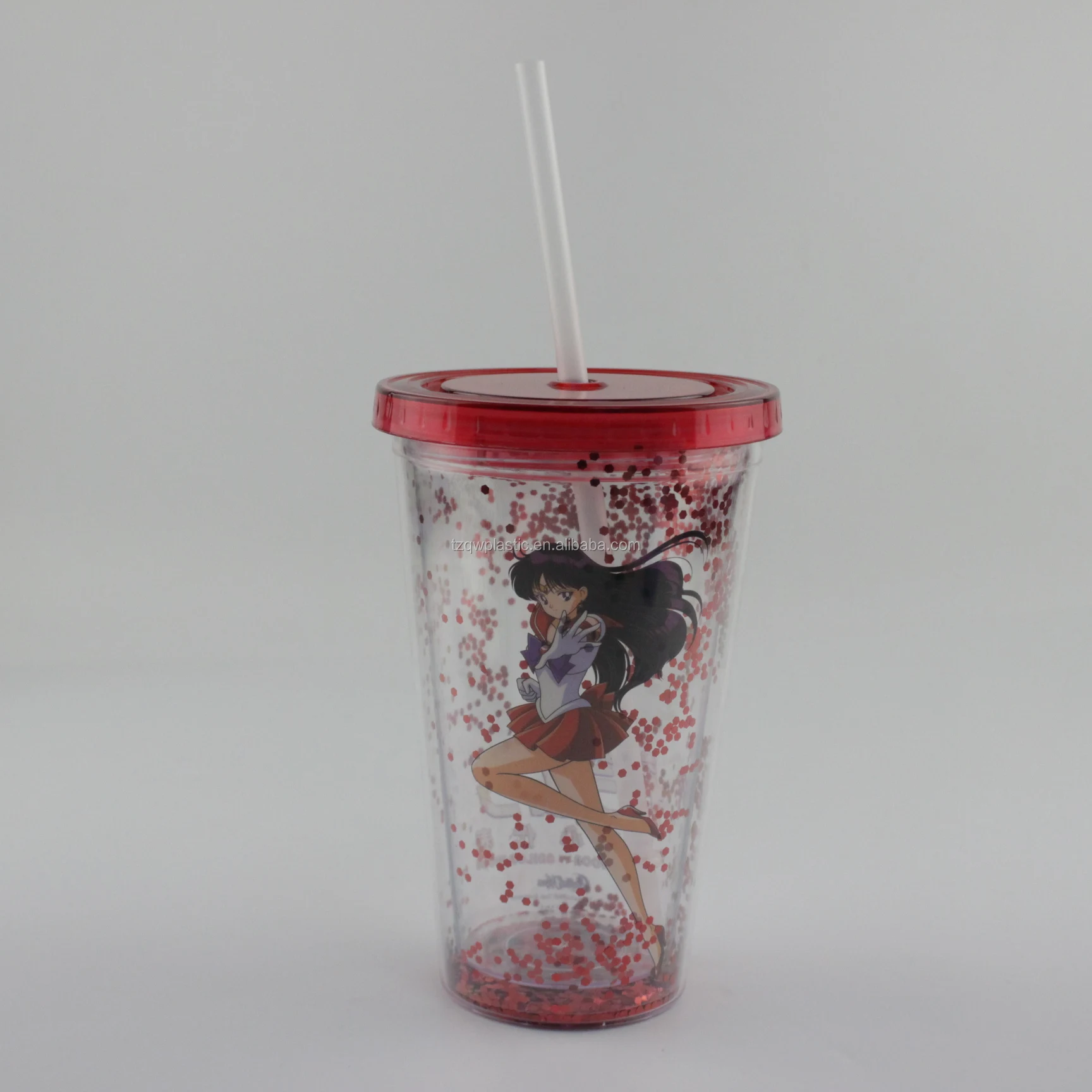 Double Wall Glitter Straw 16oz Plastic Glitter Drinking Tumbler Plastic