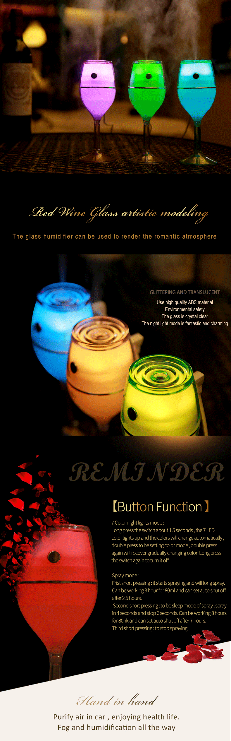 2017 hot selling romatic red wine glass ultrasonic usb aroma air humidifier with 7 color led lights