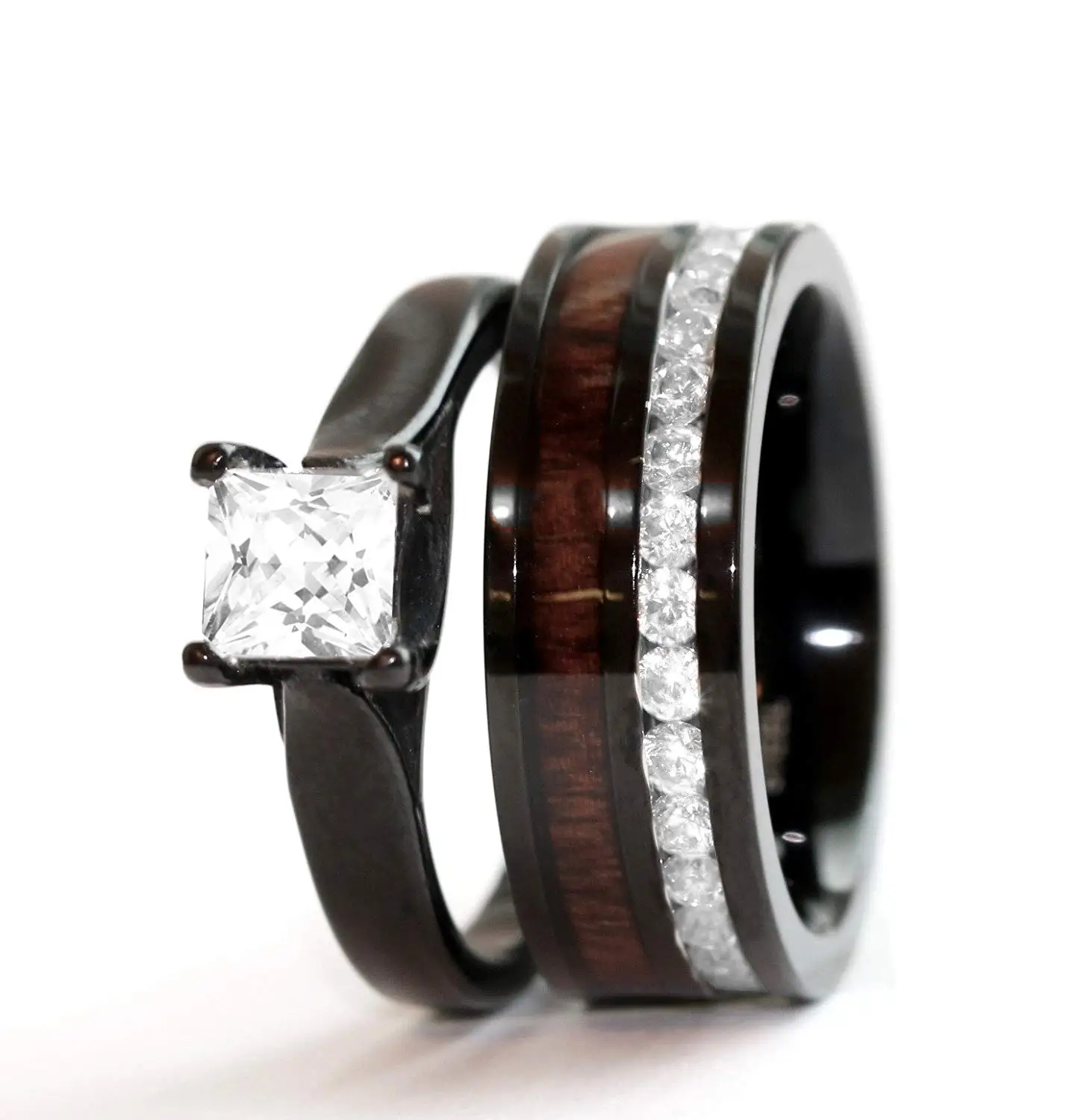 Wood Rings Wedding Find Deals On Line At Get Quotations 2 Pc Natural Koa Wood Black Stainless Steel Engagement Wedding Rings Set Cubic Zirconium Durable Band