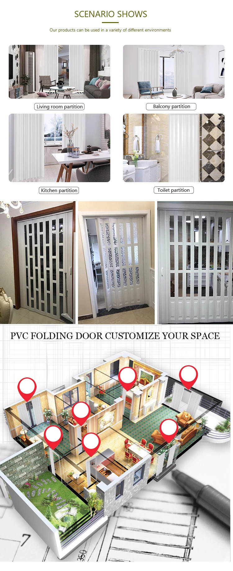 Up-to-date styling bathroom folding door price plastic pvc sliding doors prices