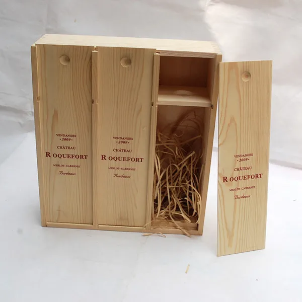 3 bottle pine wood sliding lid box top quality