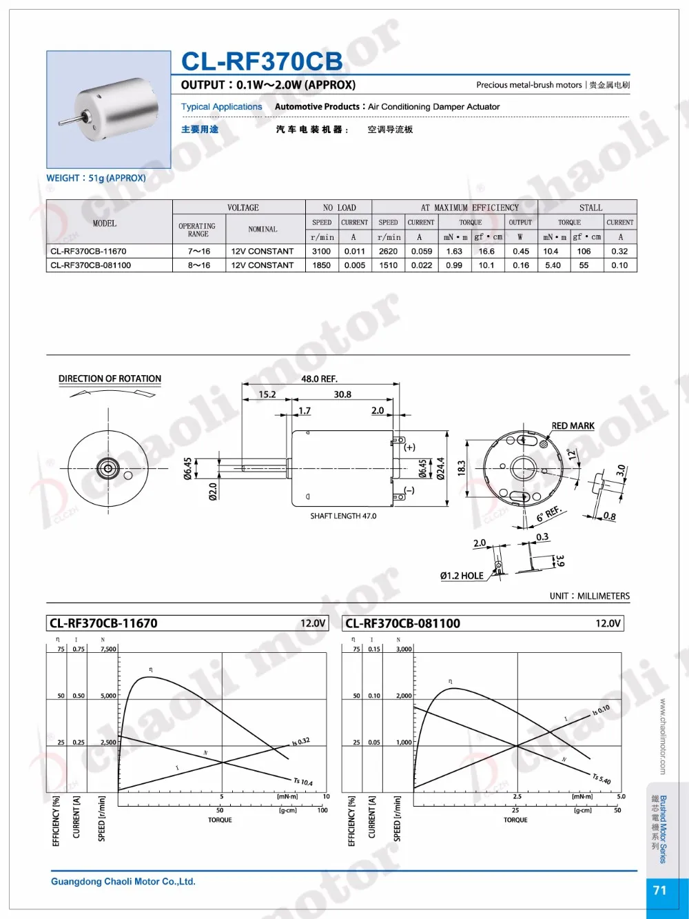 Air Conditioning Damper Actuator Motor Clrf370cb Brushed 12v 48mm